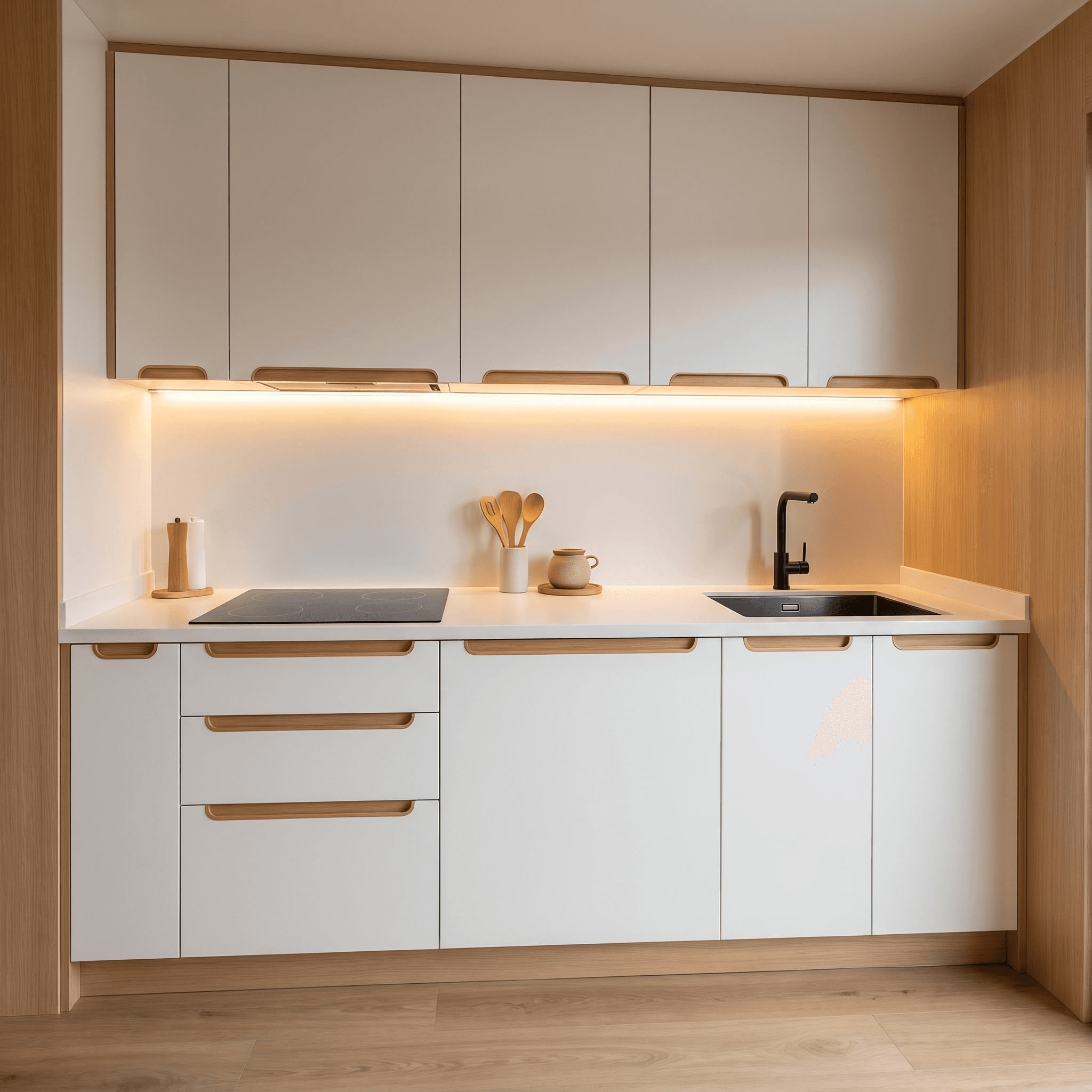 Capsule cabin kitchenette with black induction cooktop and white cabinetry