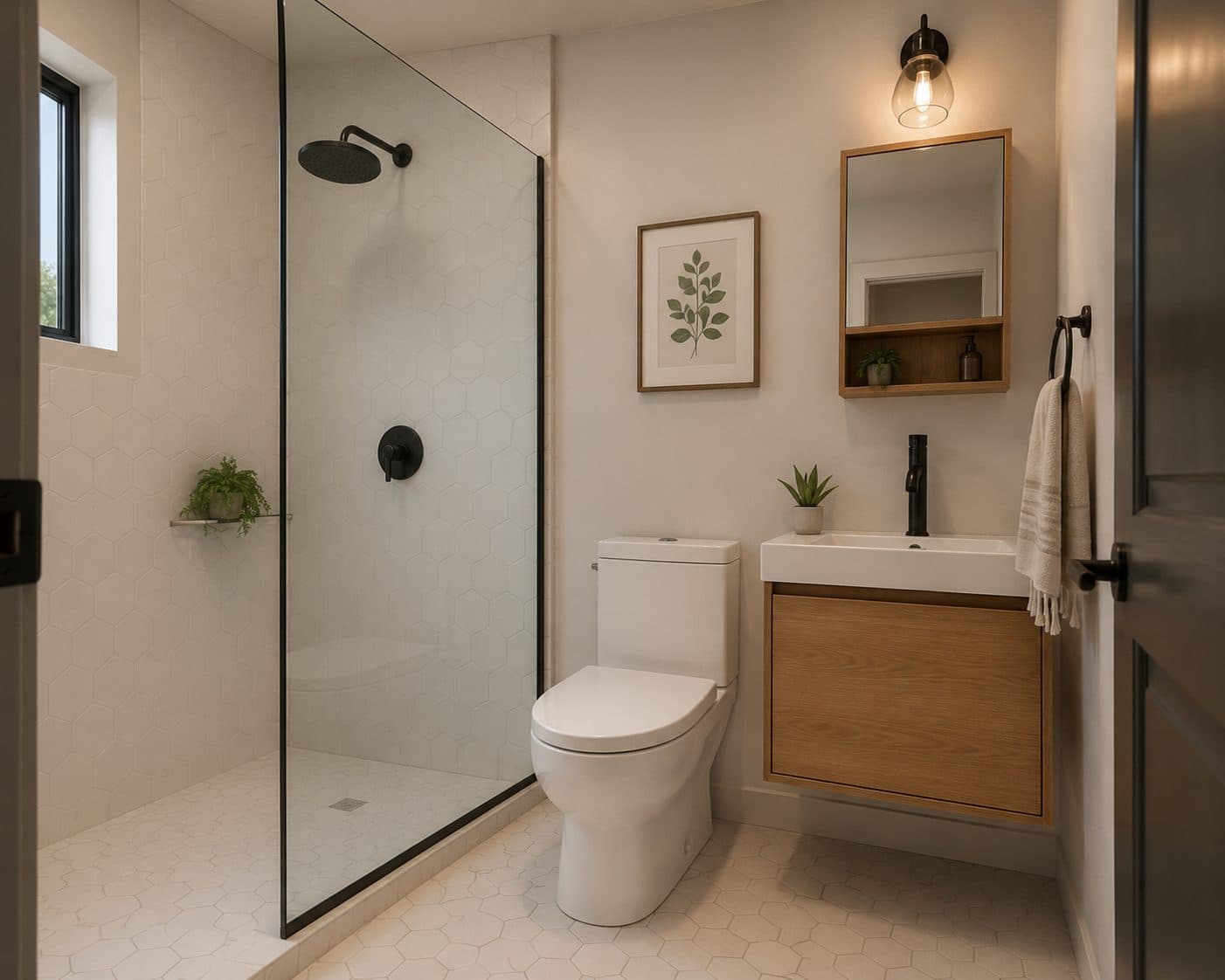 Modulr Hub Bath interior: walk-in shower, floating oak vanity, and hex-tile finishes