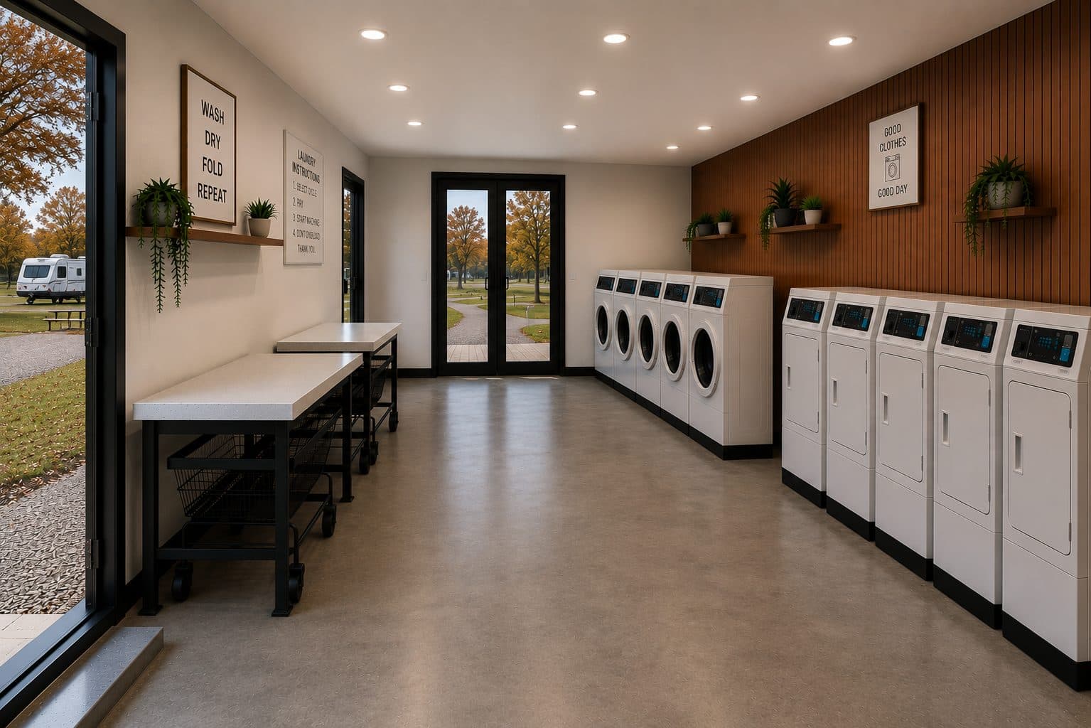Modulr Hub Laundry interior: front-load washers and dryers with stainless folding tables