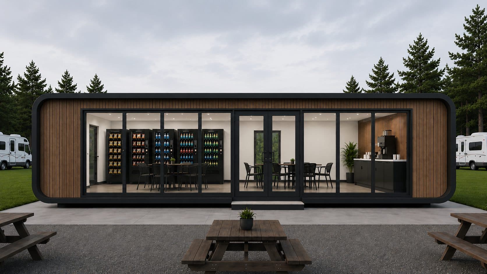 Modulr Hub Market interior: vending wall, coffee station, and dining tables