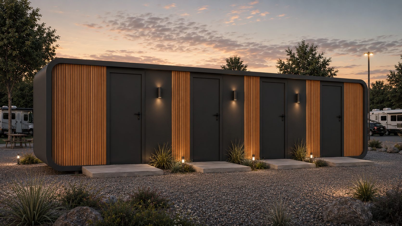 Hub Bath exterior at dusk: wood-slat and charcoal facade with four private entries