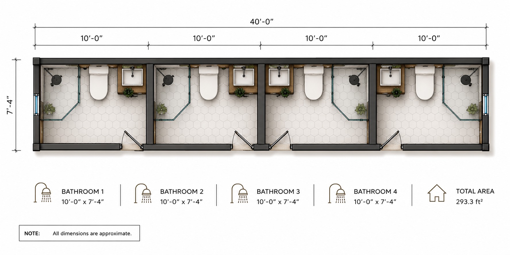 Hub Bath floor plan: four private bathrooms with showers, 40 ft by 7 ft 4 in, 293.3 square feet