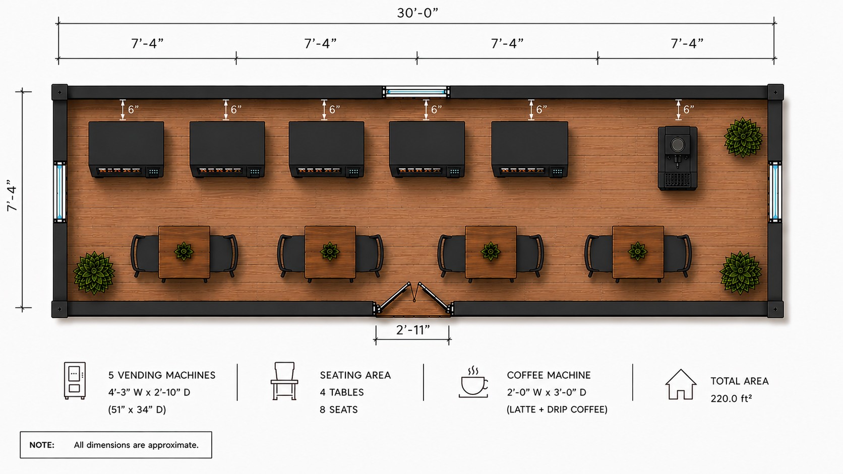 Hub Market floor plan: five vending machines, coffee machine, four tables and eight seats, 30 ft by 7 ft 4 in, 220 square feet
