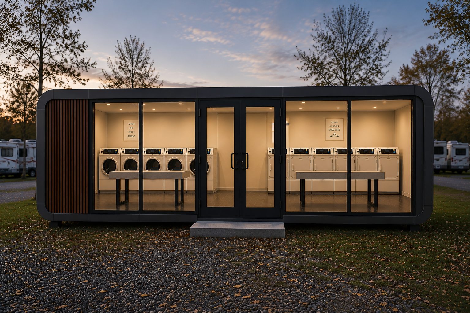 Hub Laundry exterior at dusk: glass facade with washers, dryers, and folding tables glowing inside