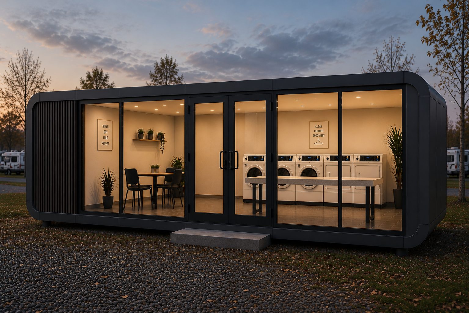 Hub Laundry exterior, angled view: laundry bay alongside a seating nook
