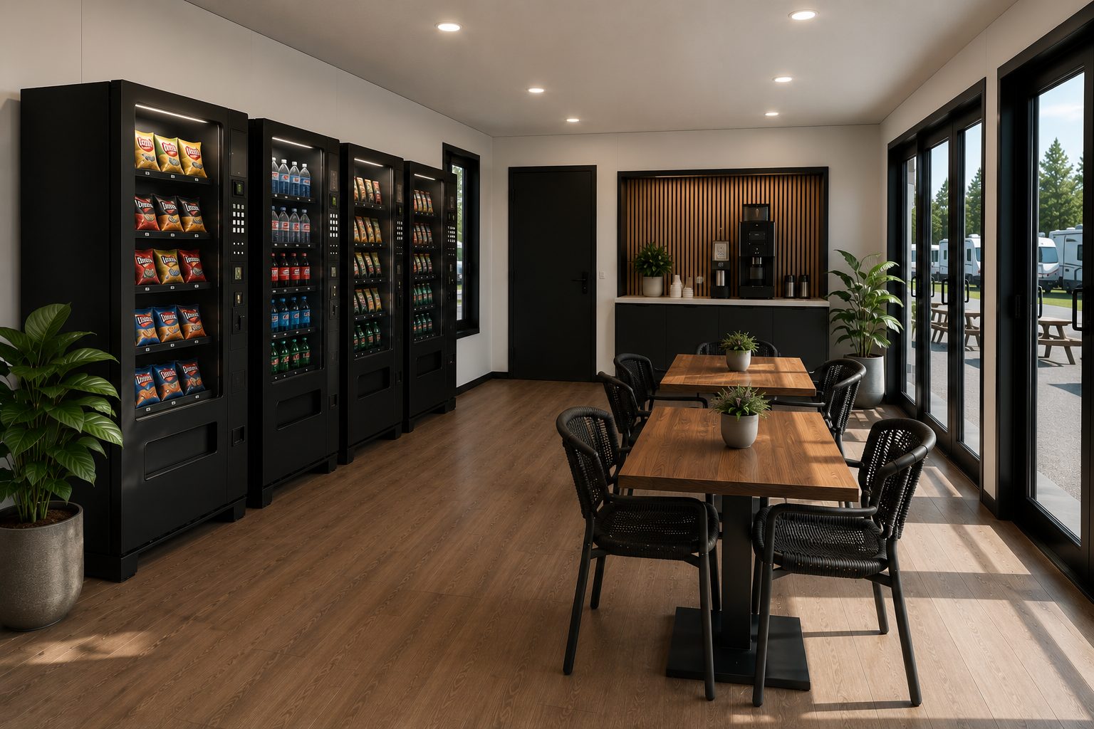 Hub Market exterior: full-glass storefront with vending, coffee bar, and patio seating