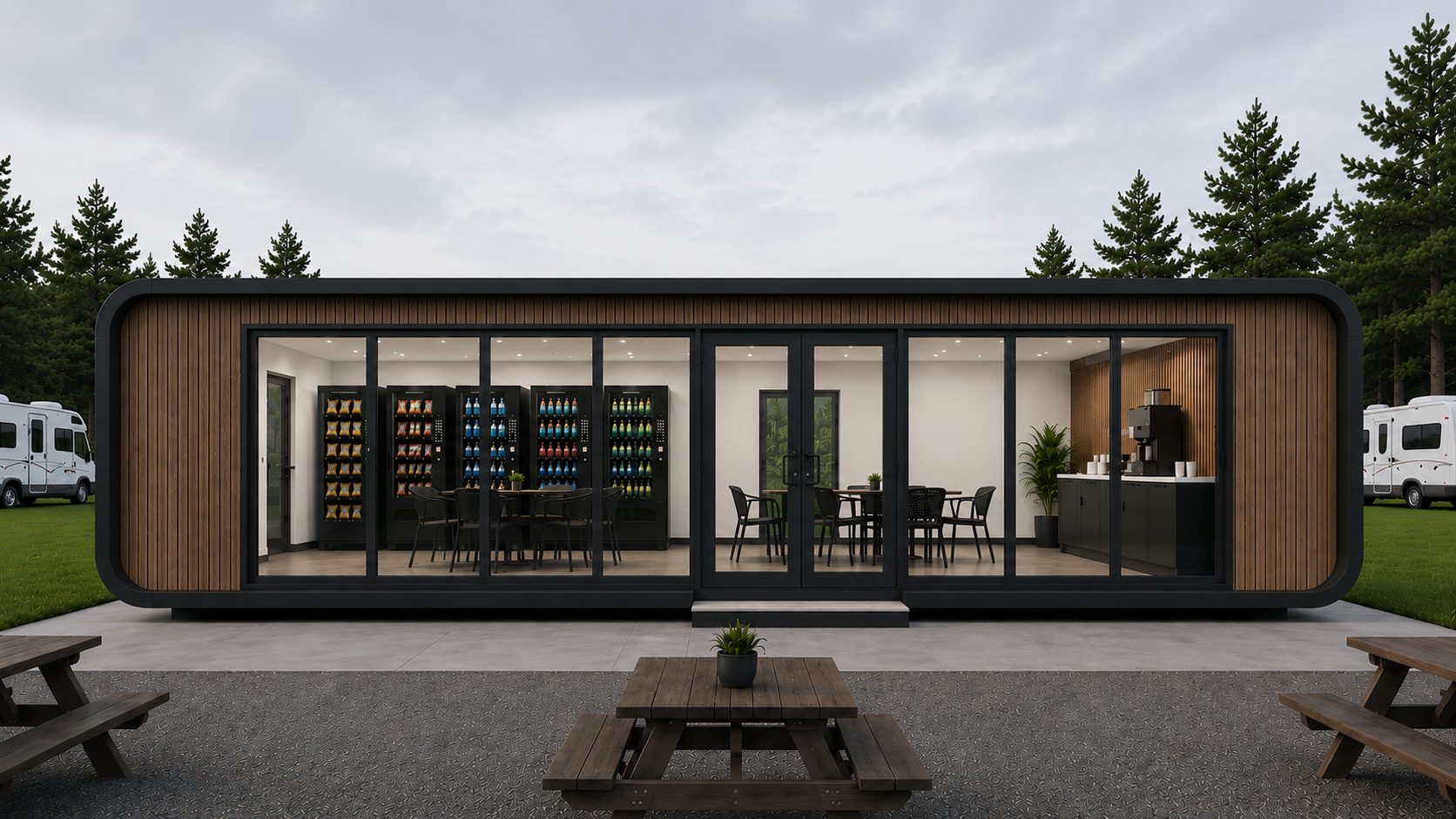 Hub Market interior: bank of vending machines, coffee station, and dining tables