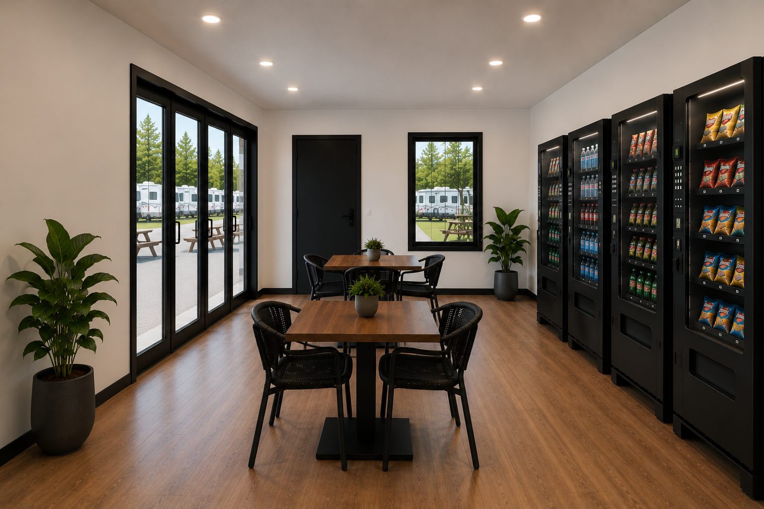 Hub Market interior: dining seating with vending wall and park views