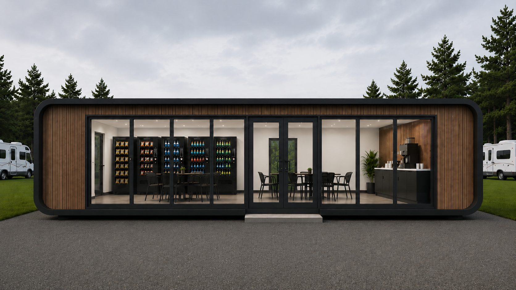 Hub Market concept: modular general store, market, and coffee station sited in an RV park