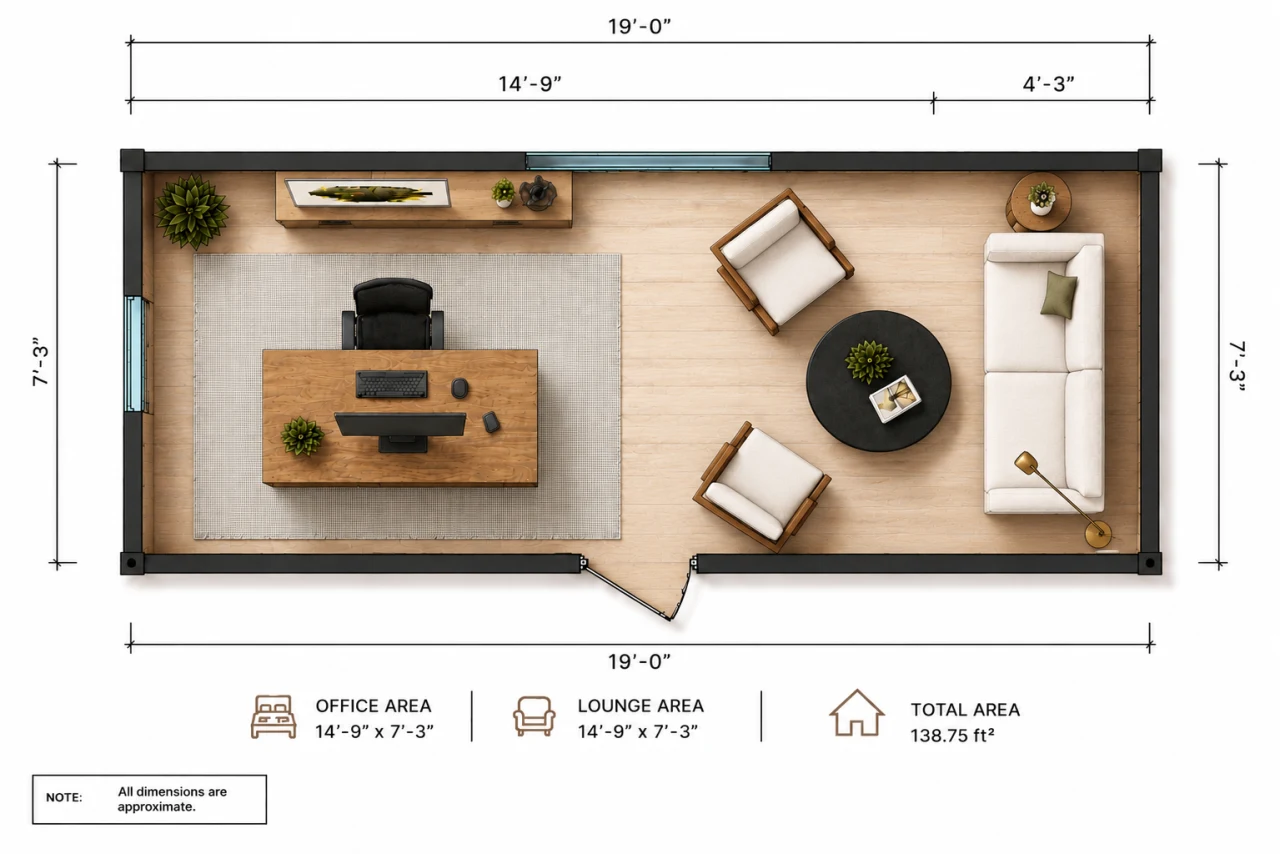 Modulr Office floor plan: a 19 ft by 7 ft 3 in layout with a 14 ft 9 in office area and a 4 ft 3 in lounge area, totaling 138.75 square feet.