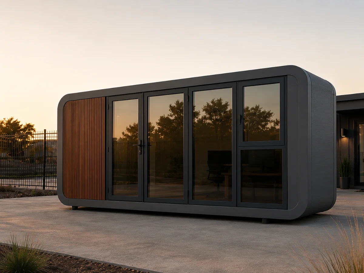 Modulr Office exterior at dusk: a charcoal modular workspace with a vertical wood-slat accent panel and full-height glazed glass doors, sited on a concrete pad beside a home.