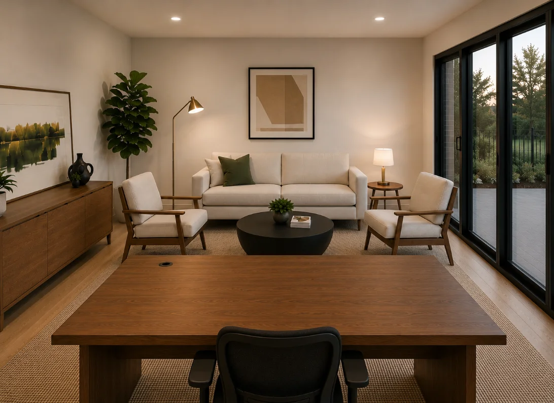Modulr Office interior: a walnut desk with a black task chair facing a lounge area with a white sofa, two wood-framed chairs, a round coffee table, and sliding glass doors opening to a garden at dusk.