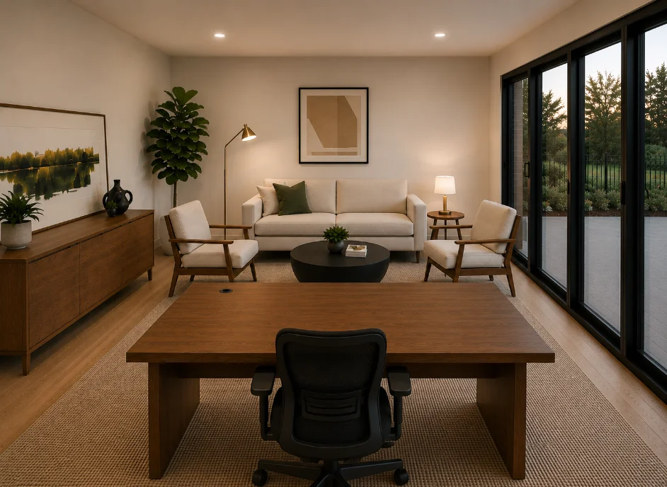 Modulr Office interior: a walnut desk and black office chair in the foreground with a white sofa, lounge chairs, and sliding glass doors framing a garden view.