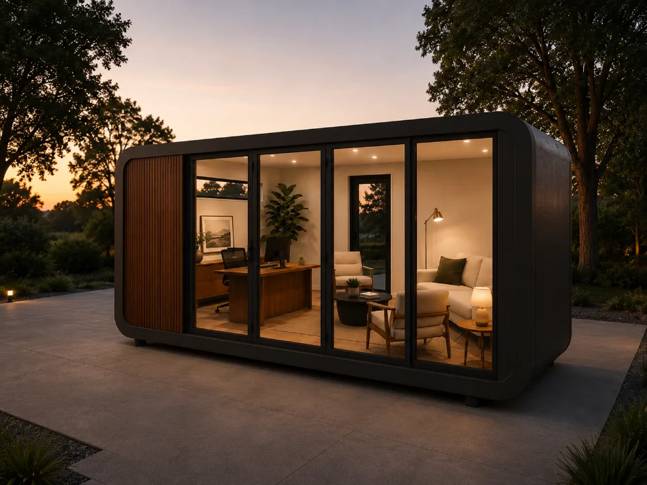 Modulr Office sited among trees at dusk: a charcoal workspace with a wood-slat panel and warmly lit glass front revealing the office and lounge inside.