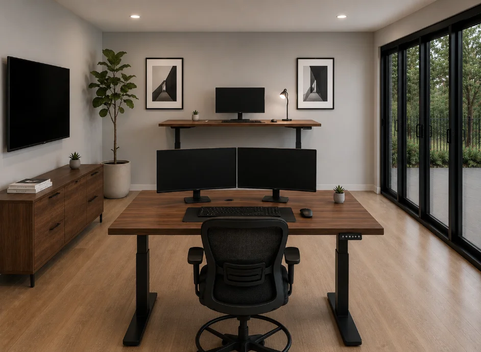 Modulr Office home-office setup: a walnut sit-stand desk with dual monitors, an ergonomic chair, wall-mounted TV, and sliding glass doors to a garden.